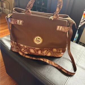 Brown Shoulder Tote with Faux-Snake Trim and Gold Emblem